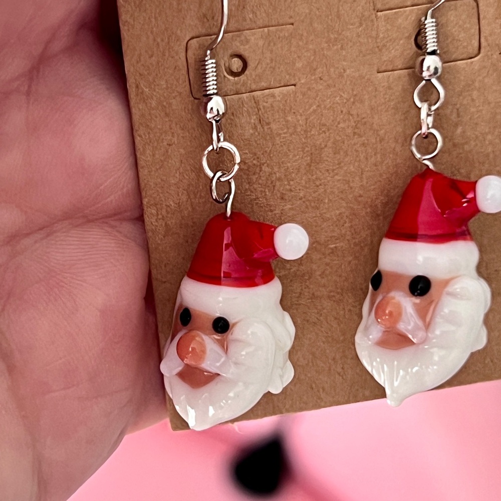 Christmas Santa head glass blown beads earrings